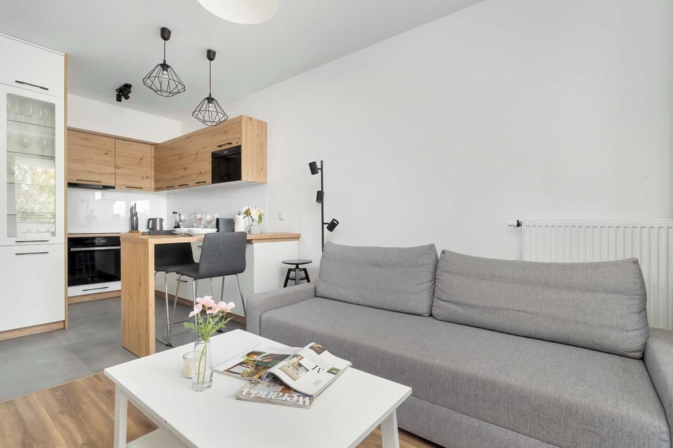 The interior combines elegant simplicity with functionality, featuring a comfortable sofa, a fully equipped kitchenette, and natural light streaming through large windows.
