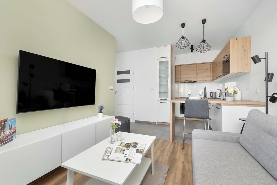 The bright living room with a large TV and soft sofa creates a perfect spot to unwind after a day in the city.