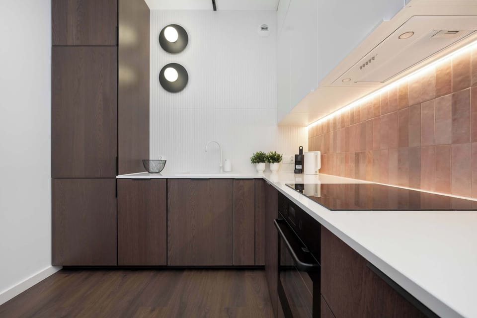 The dishwasher ensures easy cleanup after meals.