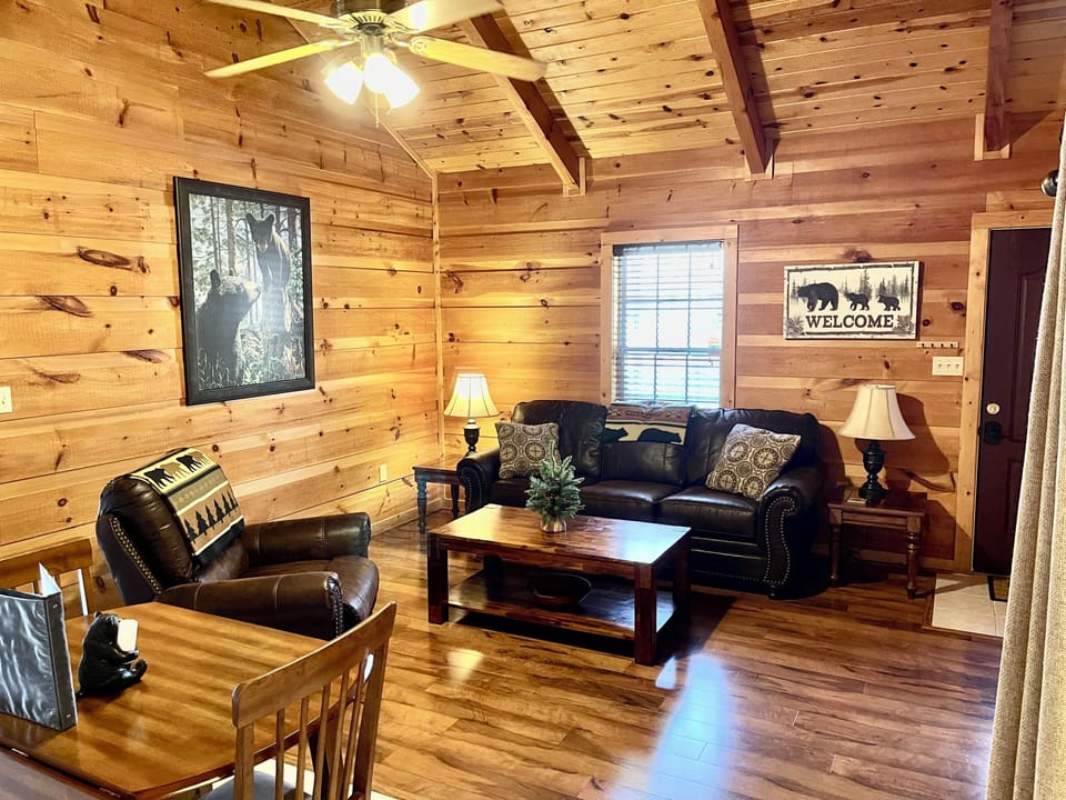 Cabin, Patio | Living area | Flat-screen TV, fireplace