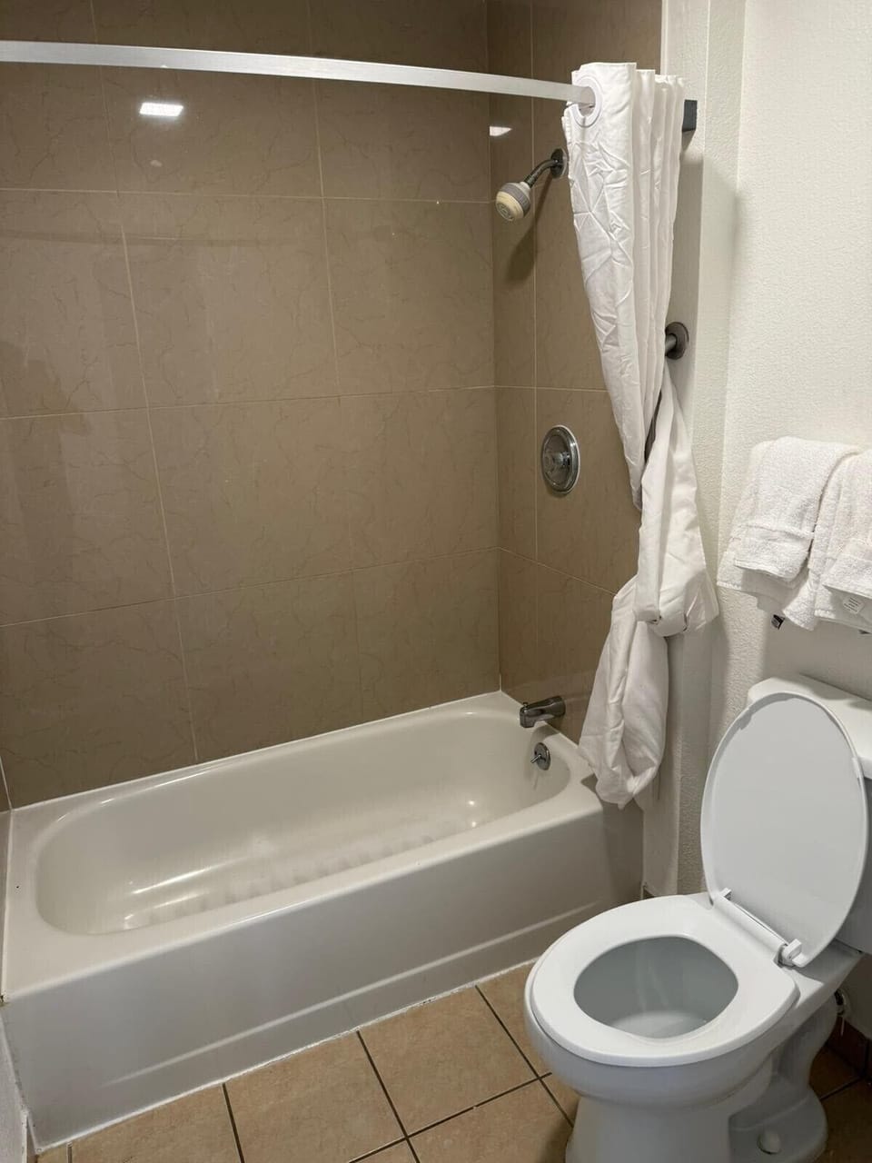 Rainfall showerhead, towels, soap, shampoo