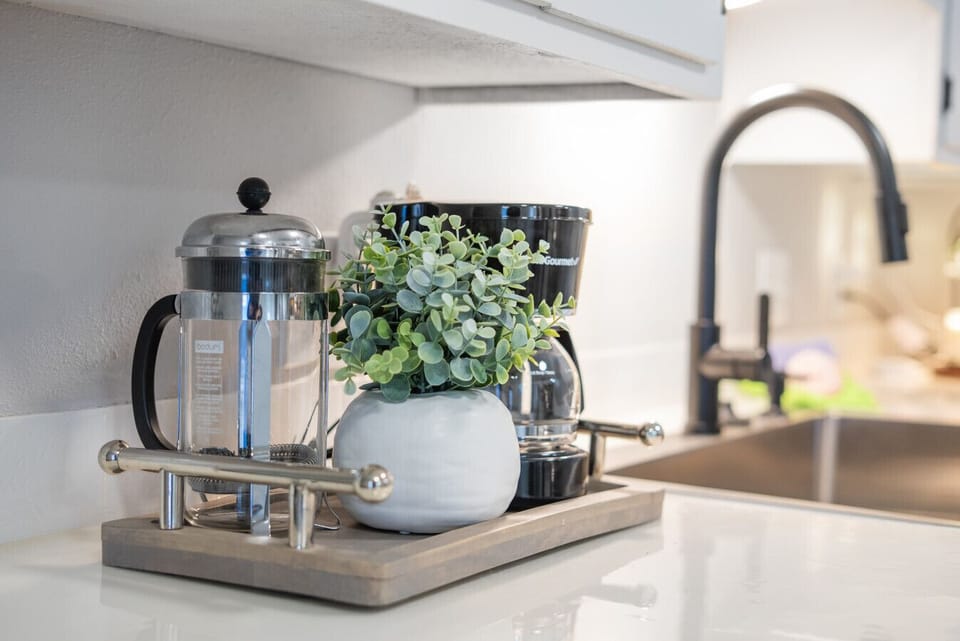 Coffee Station | Modern Countertop with French Press, Coffee Maker, and Greenery Decor