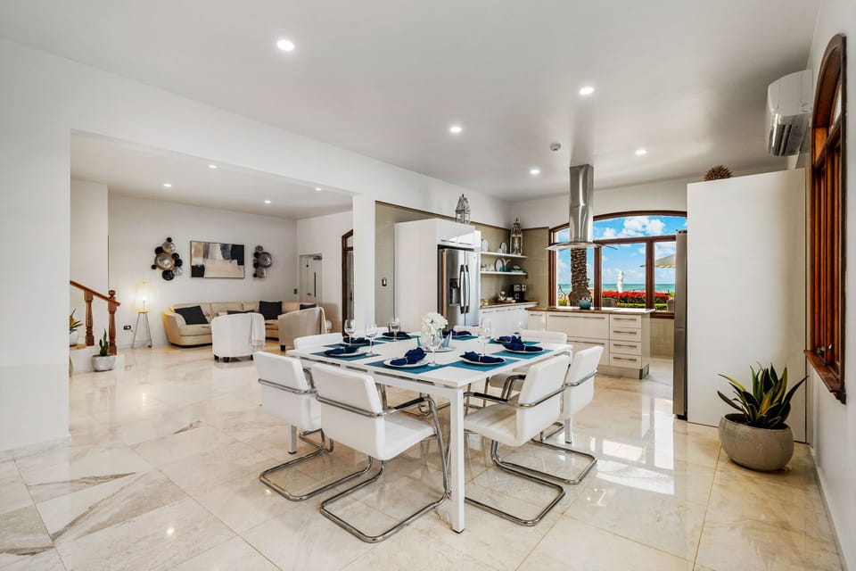 Bright and open oceanfront kitchen at Aruba La Bella with plenty of storage and prep space