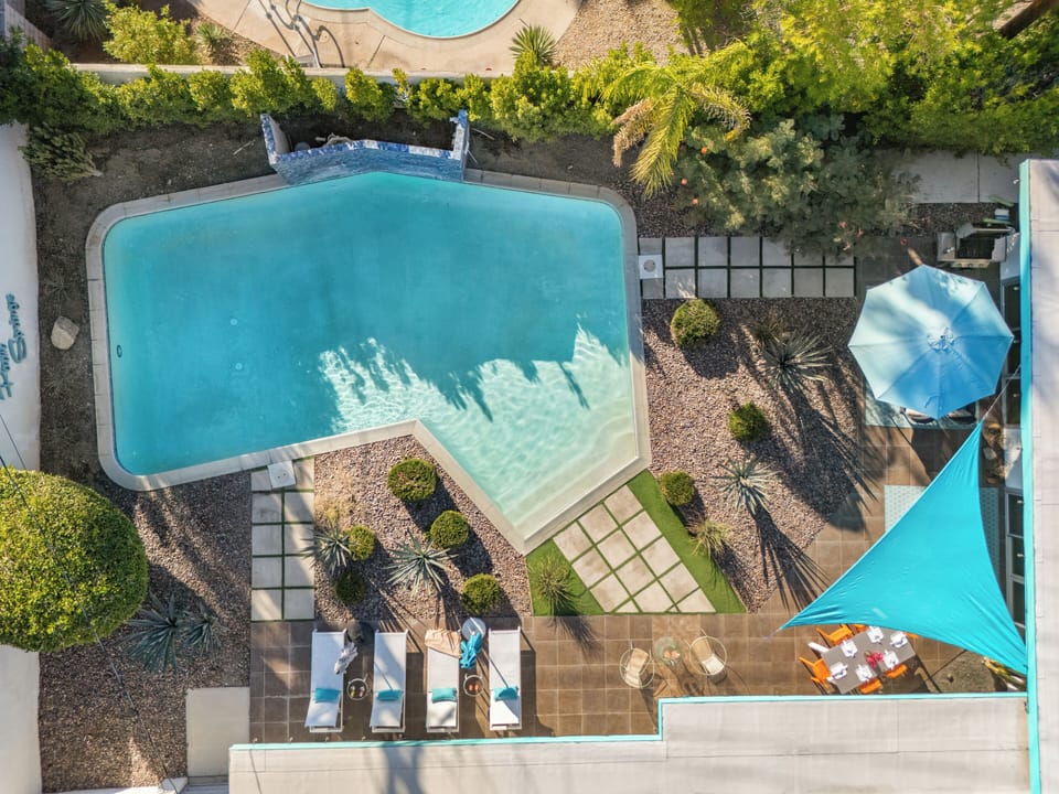 Overhead view of pool and backyard layout.