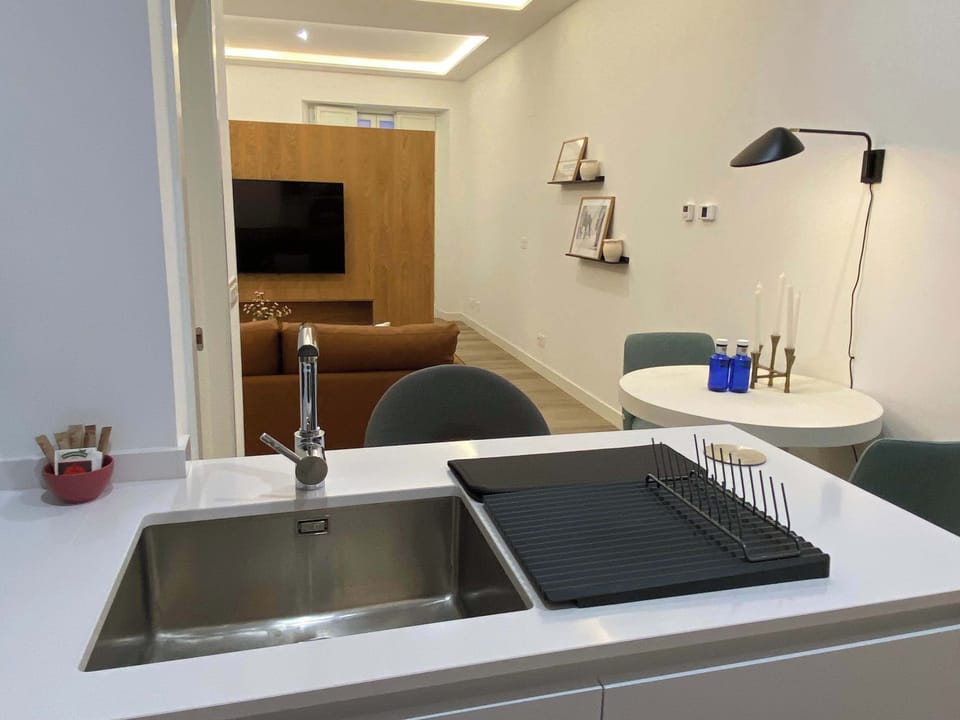 Modern kitchen overlooking the living area.