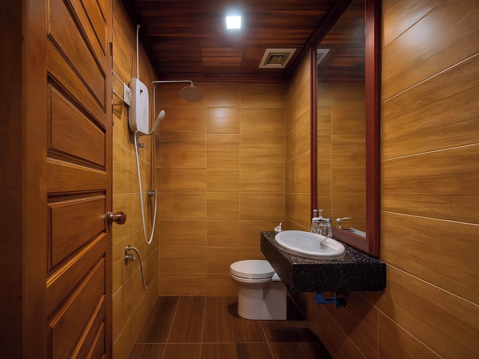 Shower, rainfall showerhead, free toiletries, hair dryer