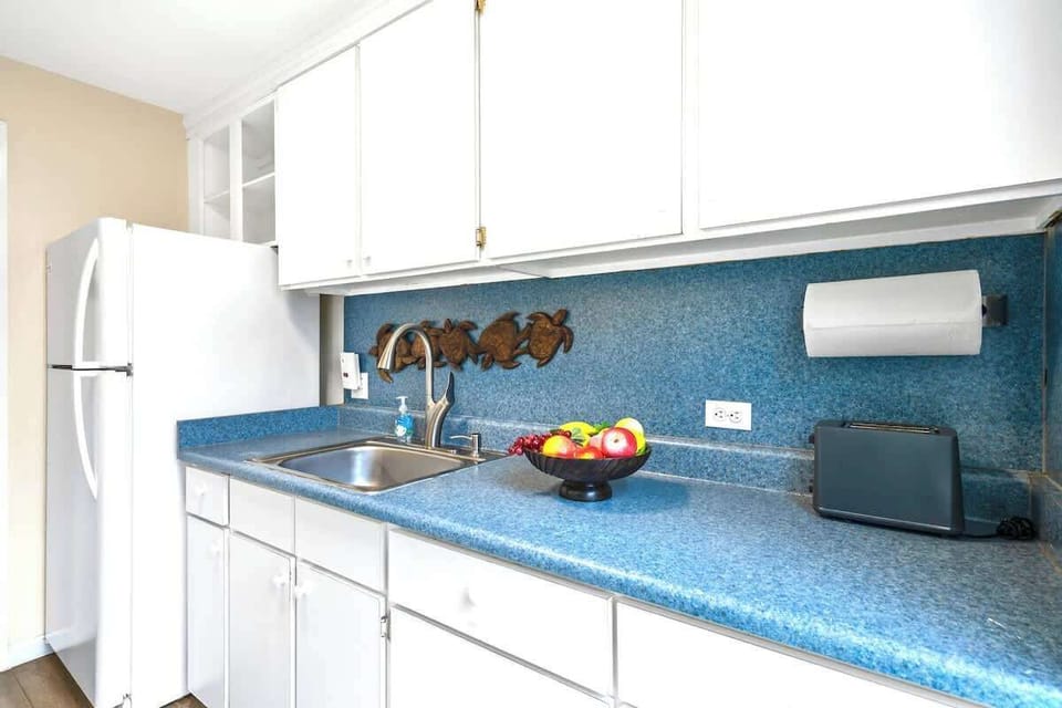 Fresh fruit and cold drinks are easily at hand thanks to the full refrigerator and ample counter space in this cheerful, clean kitchen.