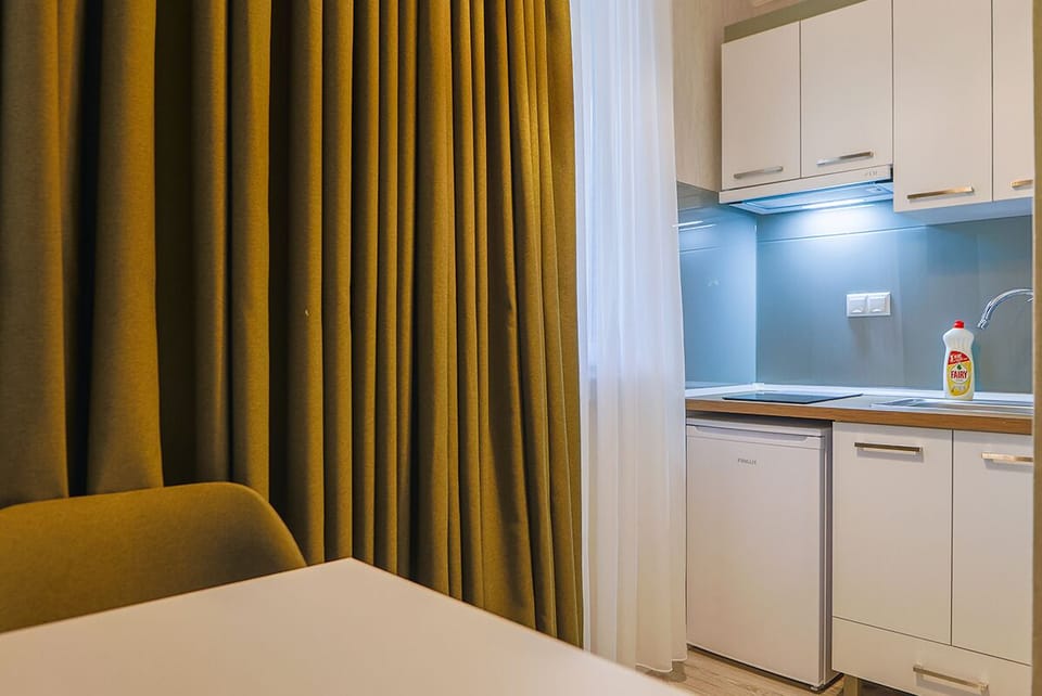 Mini-fridge, stovetop, cookware/dishes/utensils