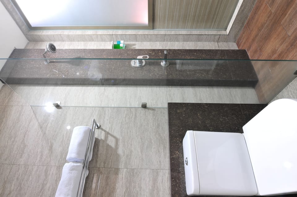 Shower, free toiletries, slippers, towels