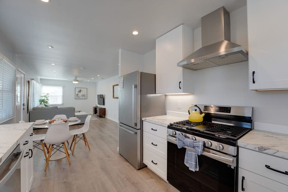 The kitchen has new stainless steel appliances