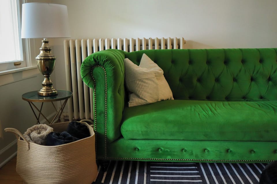 Living room sofa, blanket basket