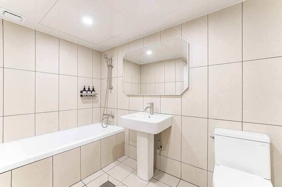 Hair dryer, towels, shampoo, toilet paper