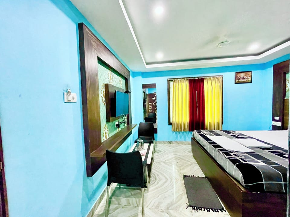 Premium bedding, desk, laptop workspace, soundproofing