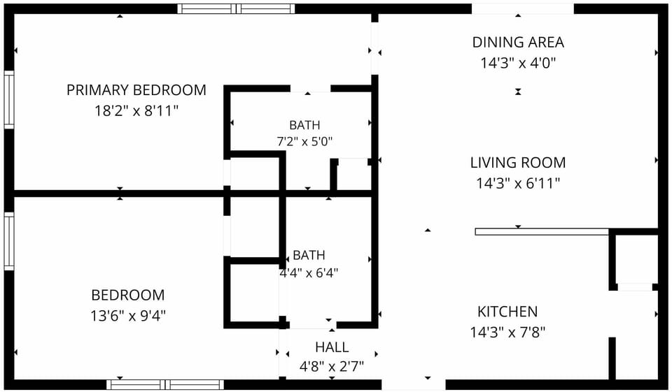 2 bedroom, 2 bath layout with open kitchen and living room.