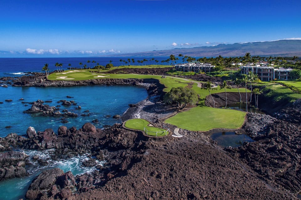 One of the most photographed holes in the world is this par 3 across the ocean found at Mauna Lani Golf.