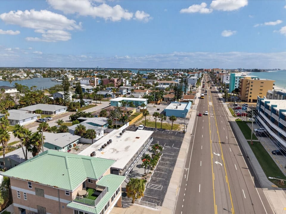 Elevated view over the neighborhood streets, giving a sense of the local area from above.