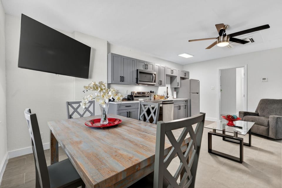 Dining table set for easy meals, steps from the living area
