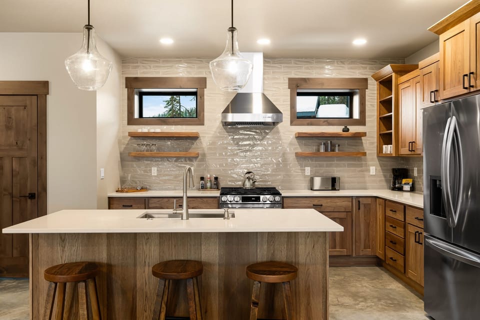 Kitchen island, Quartz counter, 3 bar stools, Coffee maker, Toaster, Water kettle