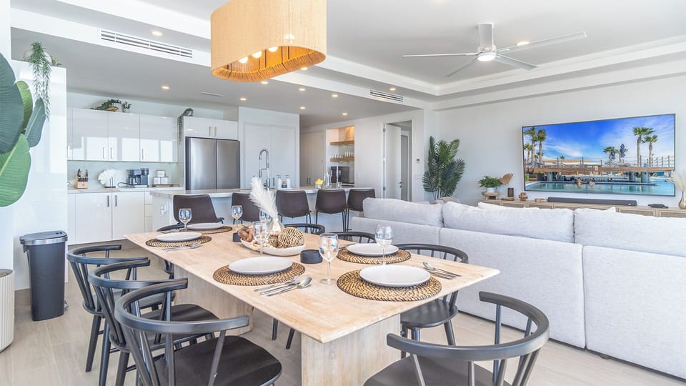 The dining table seats up to 8.