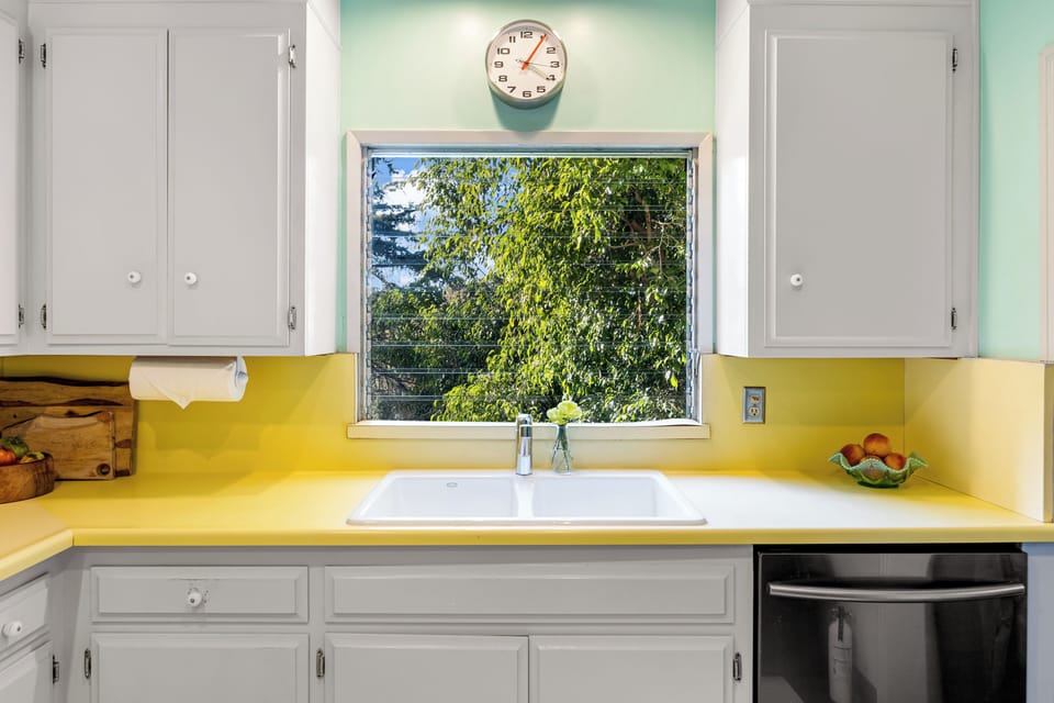 The kitchen features ample counter space and reliable appliances for your convenience.
