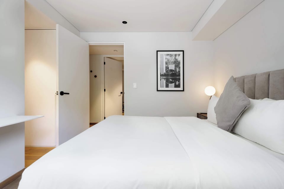 Illuminated bedroom.