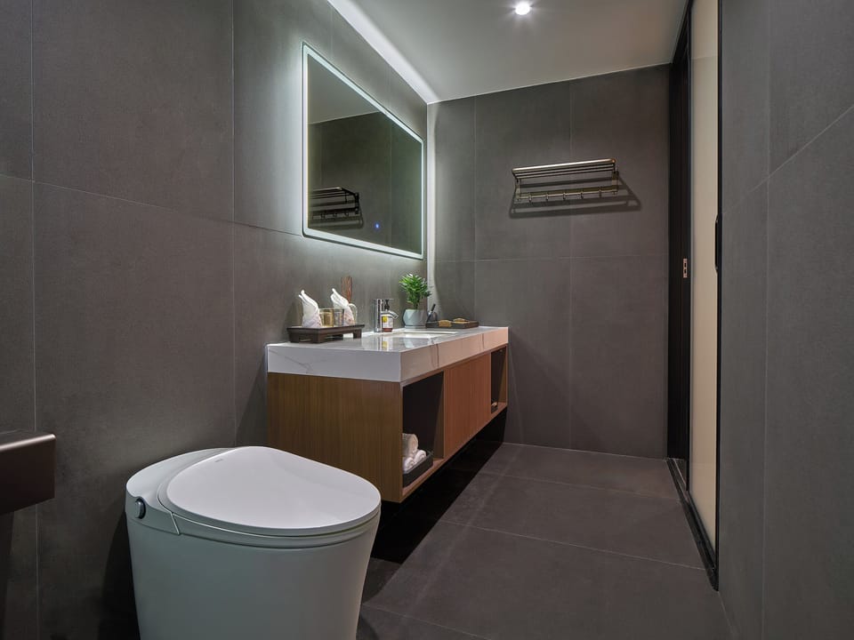 Shower, free toiletries, slippers, towels