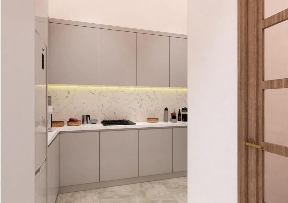 Luxury Apartment | Private kitchen | Full-size fridge, microwave, stovetop, cookware/dishes/utensils