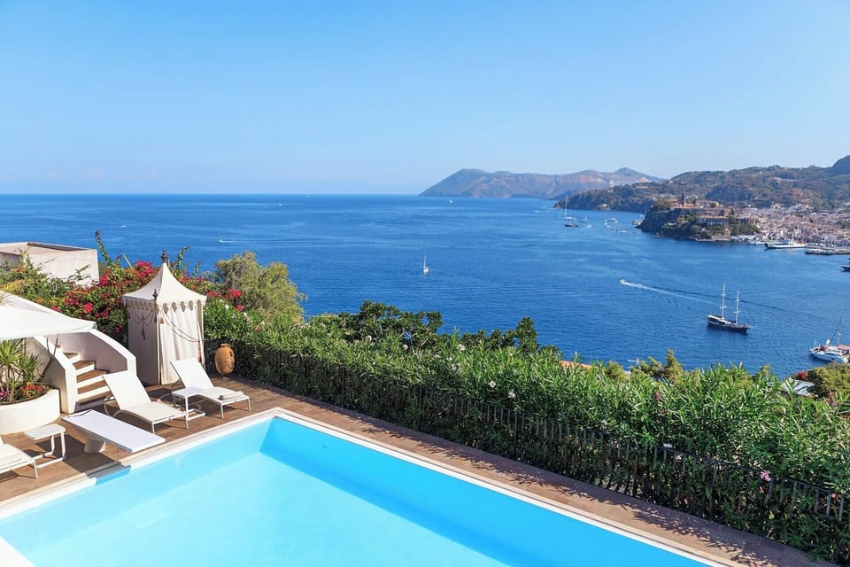 The glorious pool with its views out to the bay of Lipari Town.