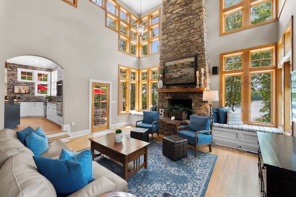 Living room with seating, lake views and TV!