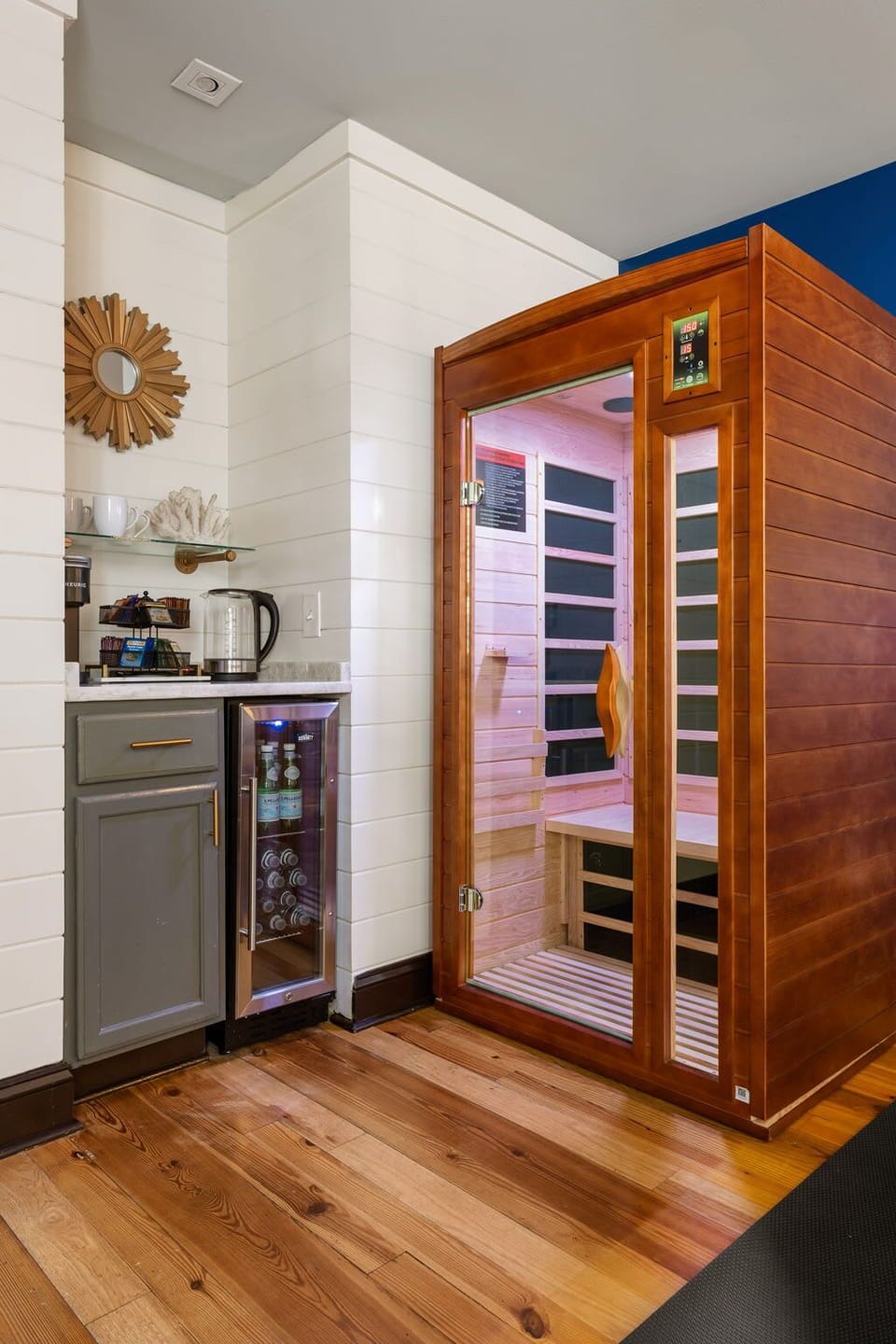 Recharge in your shared wellness retreat, complete with a gym and infrared sauna.