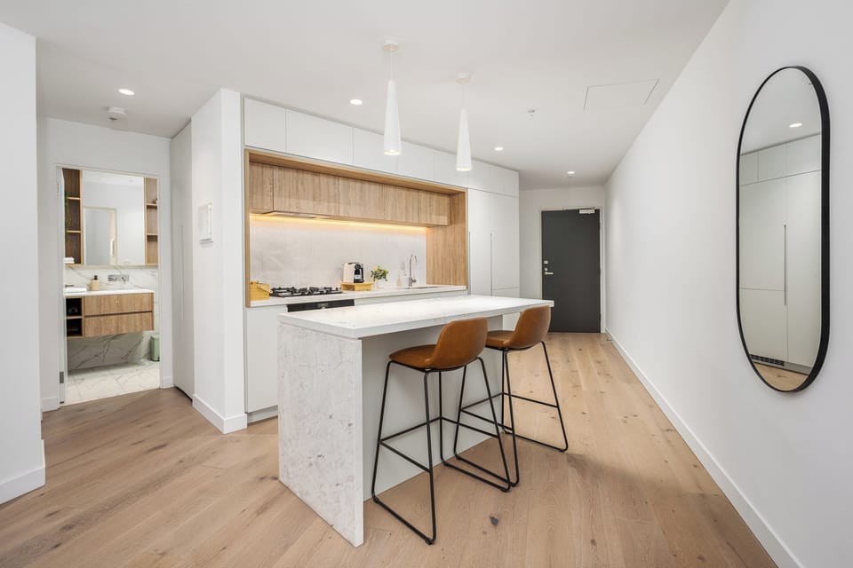 Stone benchtops and island seating