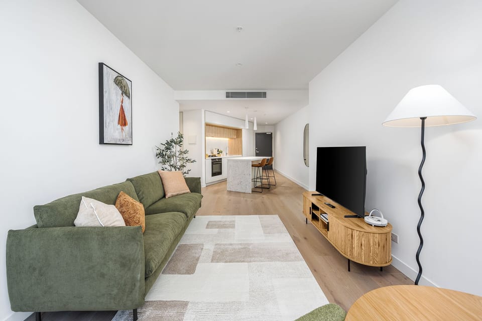 Bright living room with panoramic city outlook