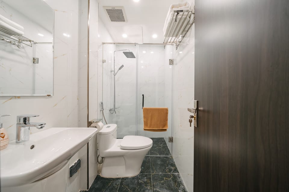 Shower, hydromassage showerhead, designer toiletries, hair dryer