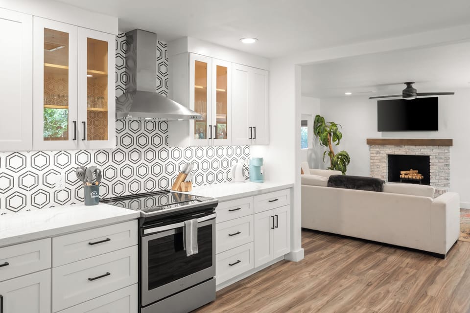 Modern appliances and a fully stocked kitchen make cooking at home a breeze.