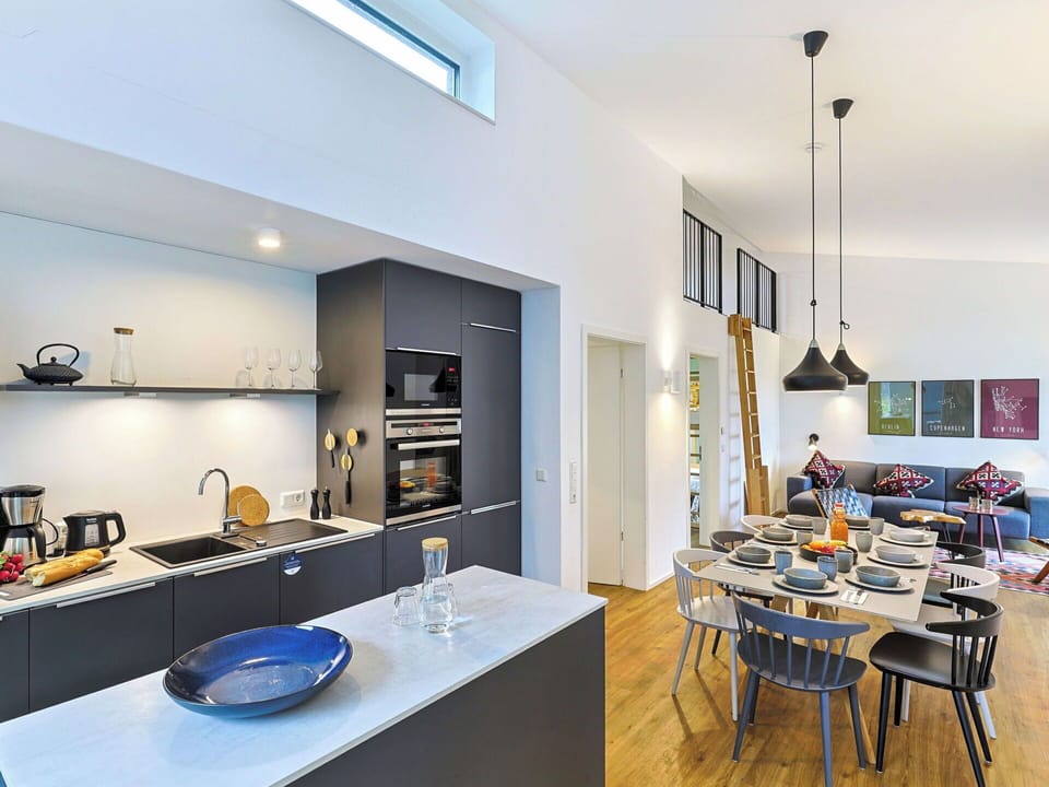 Interior Design, Kitchen, Furniture, Flooring, Ceiling, Countertop, Floor, Light Fixture, Chair, Room