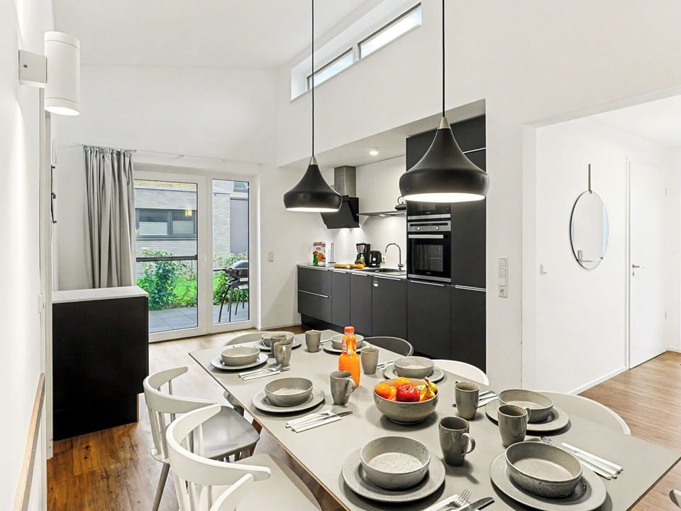 Interior Design, Kitchen, Flooring, Ceiling, Light Fixture, Countertop, Furniture, Floor, Lighting, Room