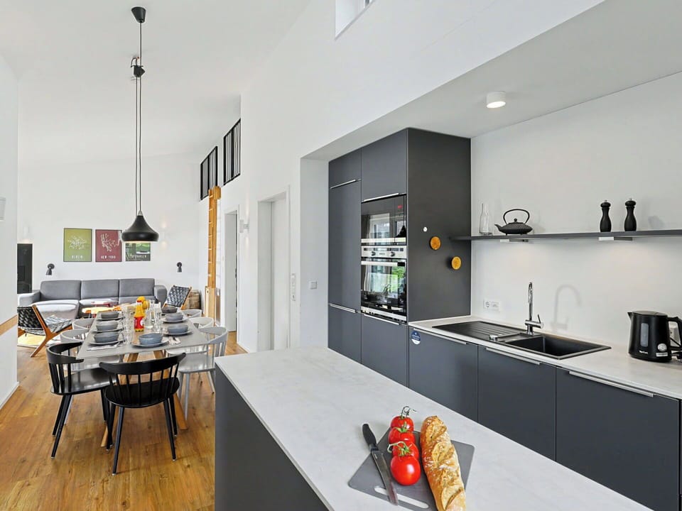 Kitchen, Furniture, Interior Design, Countertop, Flooring, Kitchen Appliance, Ceiling, Cabinetry, Wood, Light Fixture