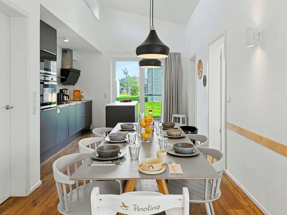 Furniture, Interior Design, Flooring, Chair, Kitchen, Light Fixture, Ceiling, Wood, Table, Kitchen & Dining Room Table