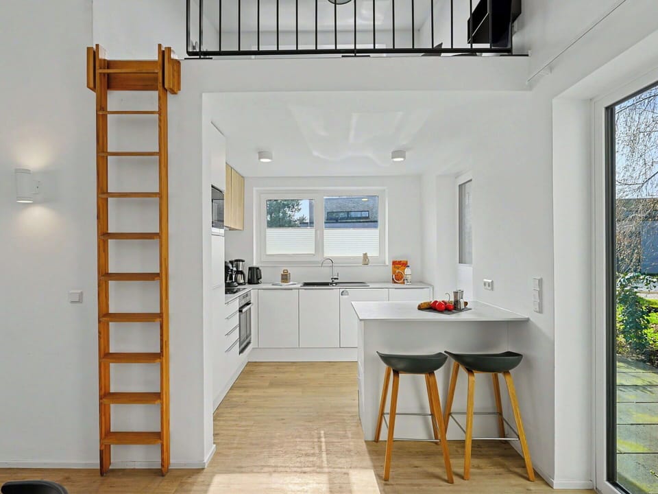 Flooring, Furniture, Interior Design, Wood, Floor, Ceiling, Kitchen, Room, Apartment, Home