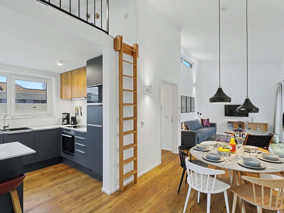 Interior Design, Flooring, Furniture, Floor, Wood, Ceiling, Room, Kitchen, Countertop, Wood Flooring