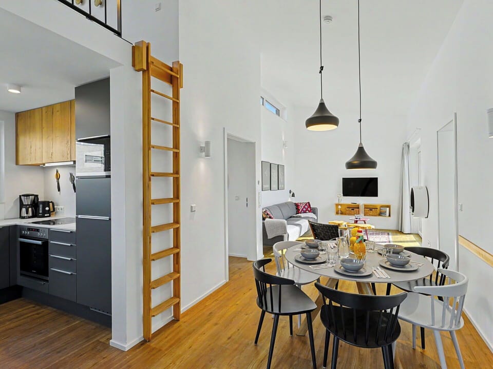 Interior Design, Flooring, Floor, Ceiling, Furniture, Room, Apartment, Chair, Wood Flooring, Kitchen