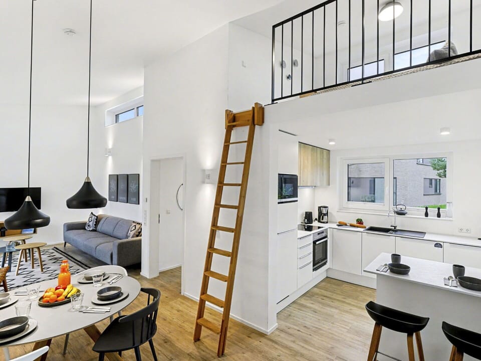 Interior Design, Flooring, Furniture, Floor, Ceiling, Room, Living Room, Kitchen, Wood Flooring, Apartment