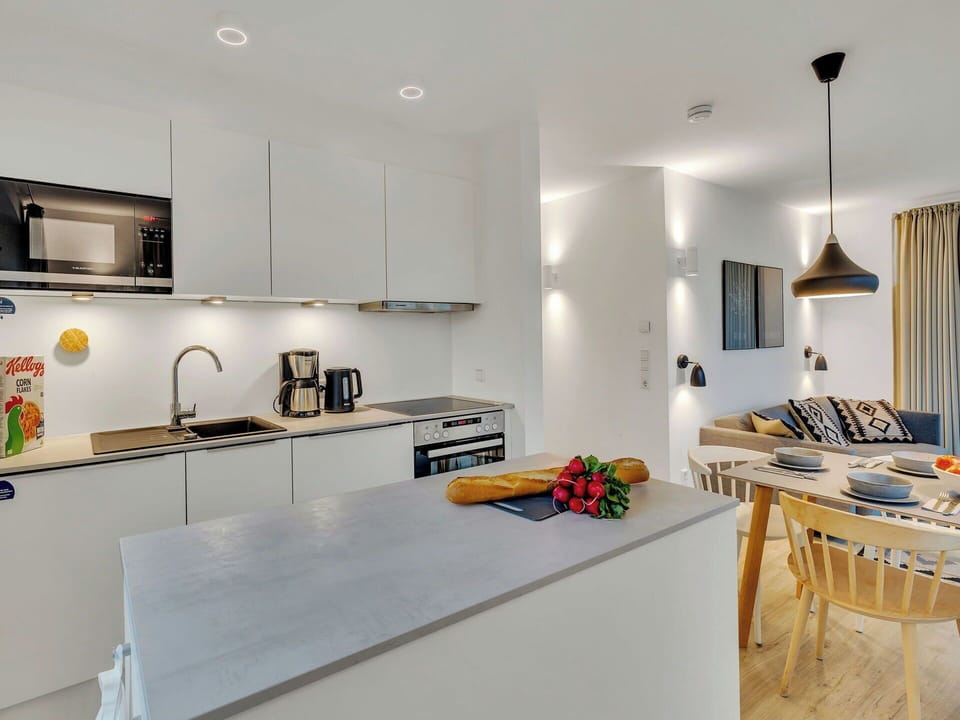 Kitchen, Interior Design, Furniture, Countertop, Flooring, Wall, Light Fixture, Ceiling, Kitchen Appliance, Room