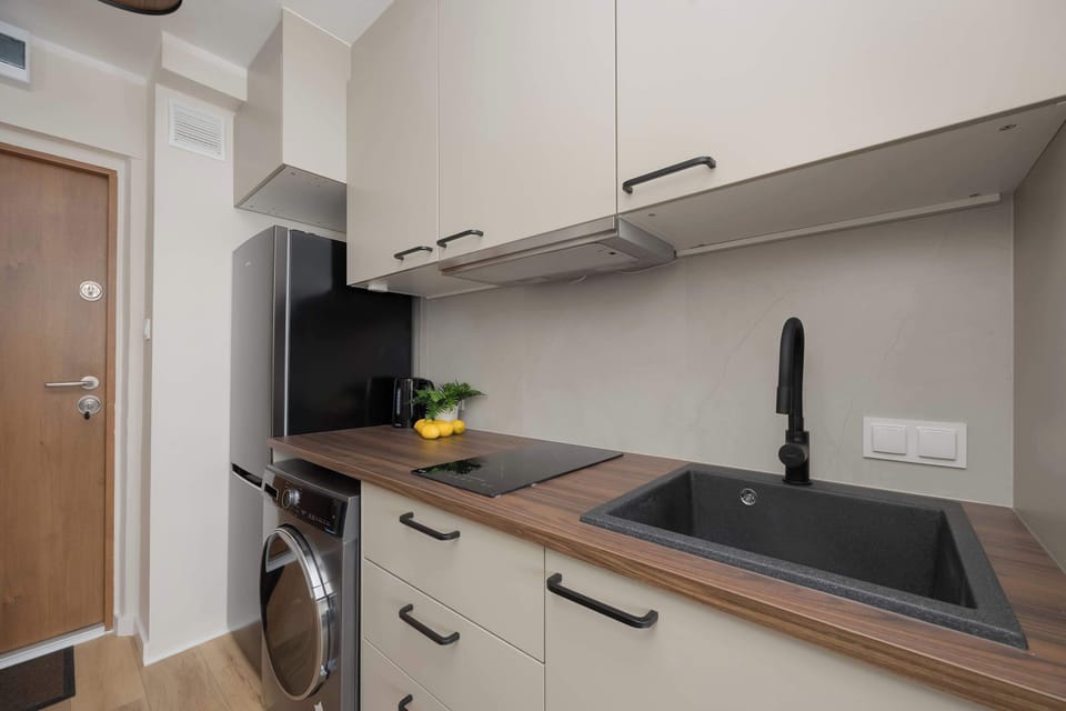 Compact modern kitchen with built-in appliances, light cabinets, and a wooden countertop.