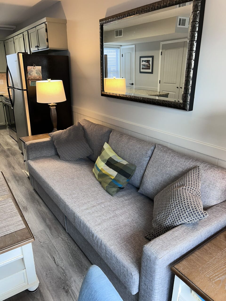 Versatile Queen sleeper sofa with storage for blankets & pillows
