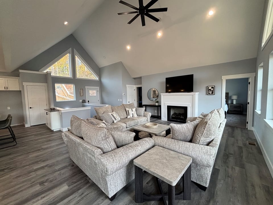 large seating area with cozy fireplace