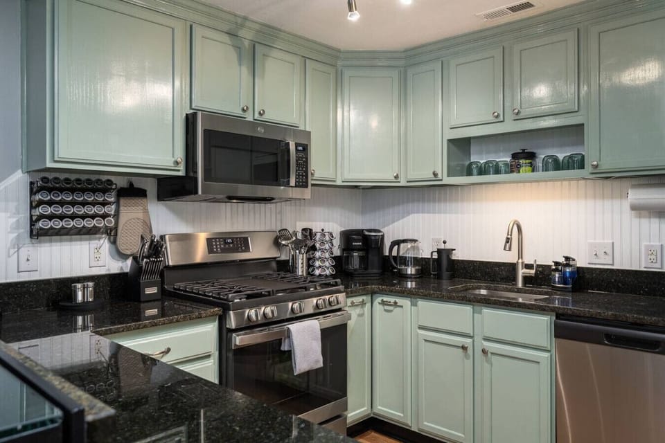 Our renovated kitchen has brand new appliances and granite countertops. We have supplied all the essentials to cook for your group!
