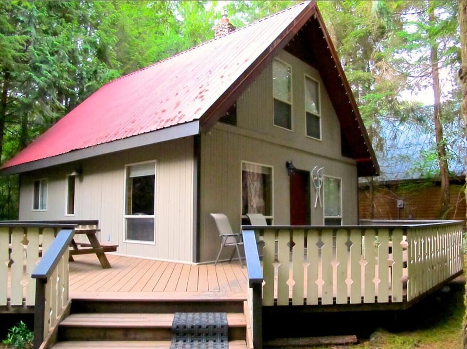 Cozy cabin retreat with spacious deck surrounded by trees