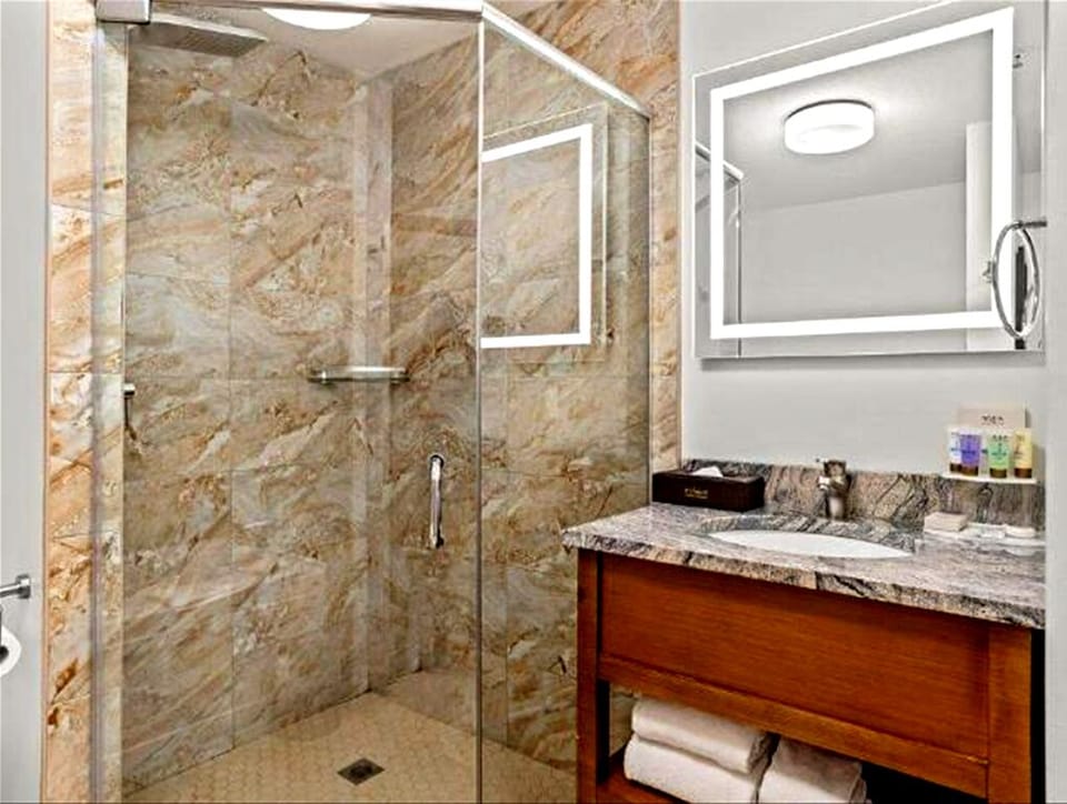 Shower panel tower and makeup mirror