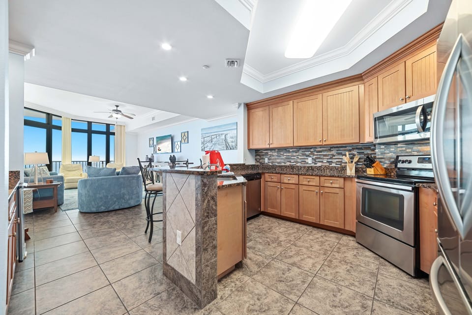 Kitchen overlooks the living area
